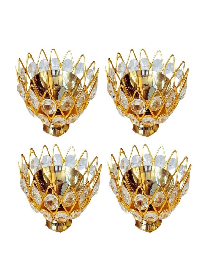 Copperika Golden Brass Crystal Lotus Kamal Shape Round Akhand Diya (Pack of 4 - Size L / W 3 Inc & H - 2.1 Inc) Jyoti Oil Lamp for Home Puja Pooja Temple Mandir Diwali Decoration Items - Image 1